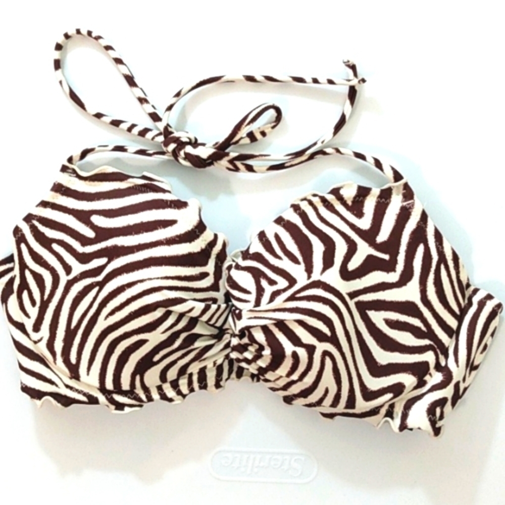 SUNDAZED MOCHA & CREAM ZEBRA STRIPE BIKINI SWIMSUIT TOP SIZE 36C NWT